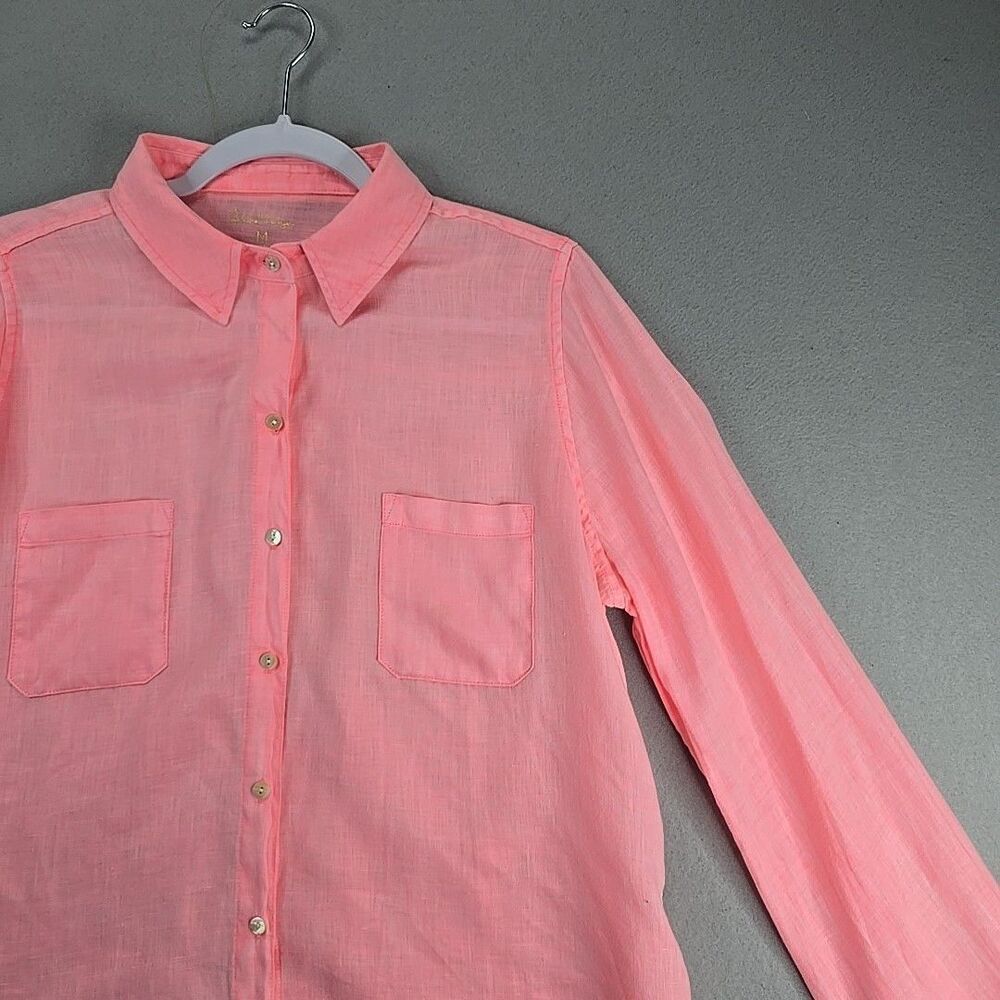 Lilly Pulitzer Sea View 100% Linen Button Down Blouse Shirt Pale Pink/Peach Sz M - Picture 3 of 11